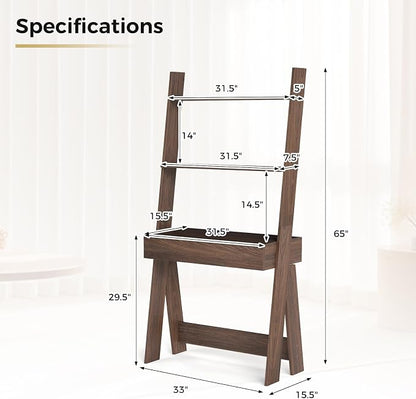 Tangkula Ladder Desk with Countertop & Drawer, Home Office Computer Laptop Table with Open Shelves & Anti-Tip Kits, Wall-Leaning Compact Working Station for Small Spaces (Walnut)