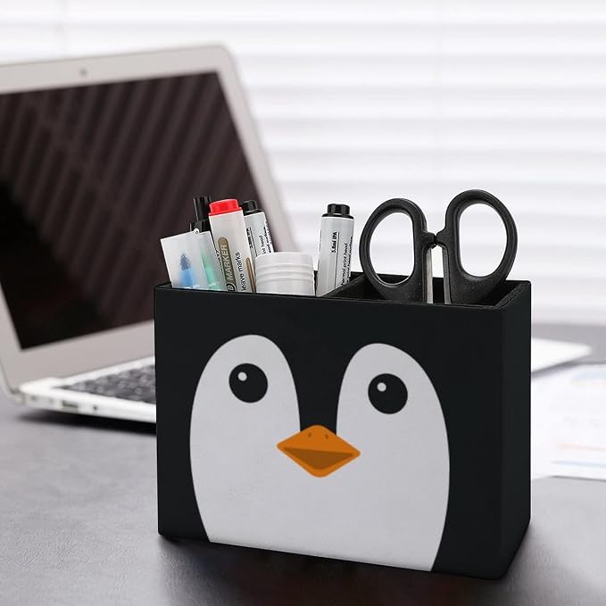 Niapessel Pencil Holder for Desk, Cute Penguin Face Pen Holder Storage Desktop Pen Organizer Desk Pencil Organizer Makeup Brush Holder for Office School College Leather