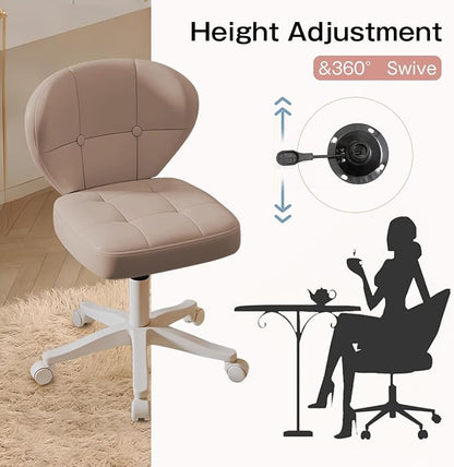 Small Office Chair with Lumbar Support, PU Leather Armless Swivel Desk Chair Adjustable Height, Compact Rolling Chair for Home Office, Bedroom, Study （Khaki Set of 2）