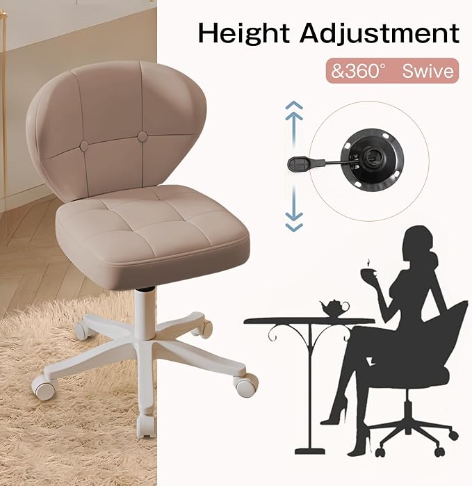 Small Office Chair with Lumbar Support, PU Leather Armless Swivel Desk Chair Adjustable Height, Compact Rolling Chair for Home Office, Bedroom, Study Khaki