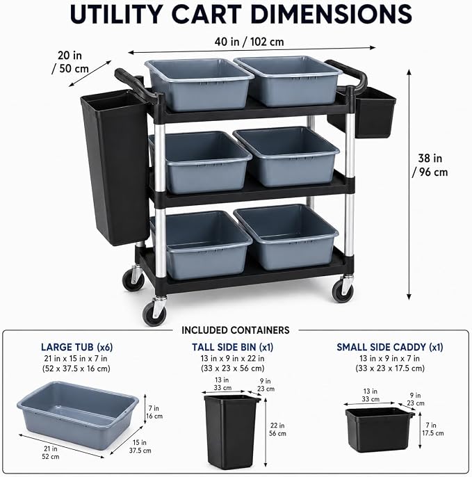 Storage Cart 3 Tier Heavy Duty Commercial Grade Utility Cart,Dish Cart for Restaurant,Multi-Function Mobile Shelving Unit Organizer for Hotel,Restaurant,Kitchen,Laundry Room with 6 Basin 2 Barrels