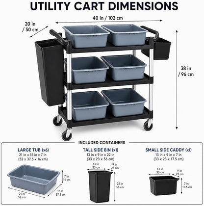 Storage Cart 3 Tier Heavy Duty Commercial Grade Utility Cart,Dish Cart for Restaurant,Multi-Function Mobile Shelving Unit Organizer for Hotel,Restaurant,Kitchen,Laundry Room with 6 Basin 2 Barrels