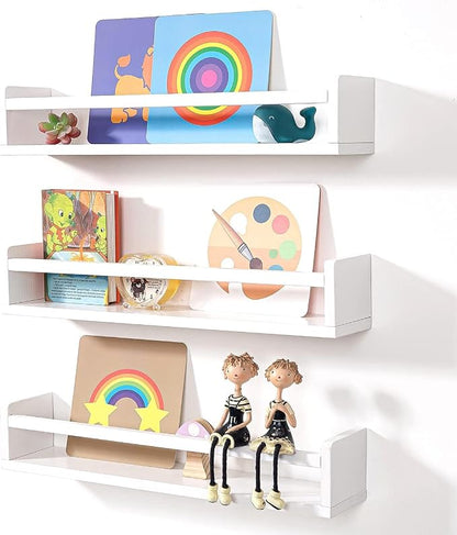 AZSKY Nursery Bookshelves White, 24 Inch Floating Bookshelves for Wall Set of 3, Baby Kids Room Decor, Solid Wood Wall Mounted Shelves for Books Storage