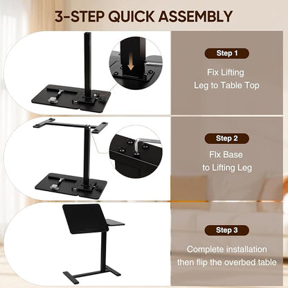 Adjustable Overbed Table with Tilt Board & Wheels, Rolling Bedside Laptop Desk for Hospital Bed Home Office, Height Adjustable Tray for Eating Working Reading, 26.18"-42.12" (Black)
