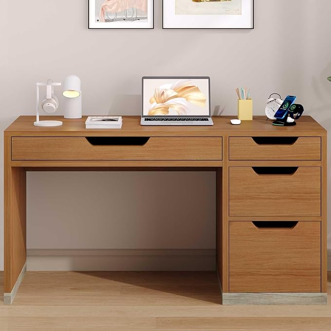 MaverickFurni 52 Inch Desk with 4 Drawers, Small Computer Desk for Small Space, Home Office Desk with Storage File Drawer for Bedroom, Brown