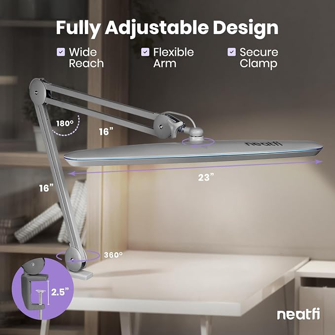 Neatfi XL 2,200 Lumens 24W LED Desk Lamp – 23” Wide Shade | Dimmable Eye-Caring Task Light | Adjustable Arm | Home Office, Study, Crafts & Nail Tech (Silver, Non-CCT with Clamp)