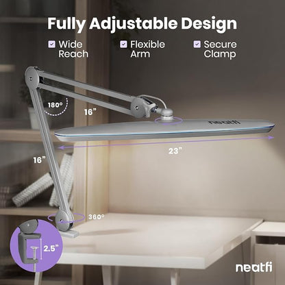Neatfi XL 2,200 Lumens 24W LED Desk Lamp – 23” Wide Shade | Dimmable Eye-Caring Task Light | Adjustable Arm | Home Office, Study, Crafts & Nail Tech (Silver, Non-CCT with Clamp)