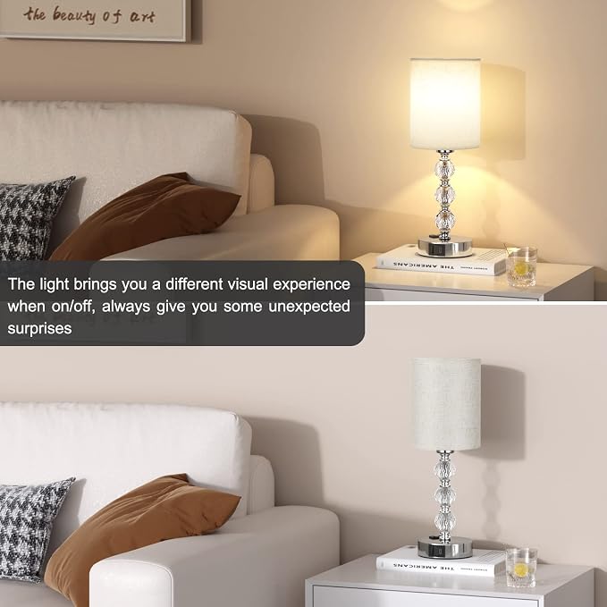 White Touch Bedside Lamps for Bedrooms - Crystal Table Lamp with USB C+A Charging Port and AC Outlet Nightstand, 3 Way Dimmable Silver Small End Side Table Lamp for Living/Guest/Dinning Room/Kitchen