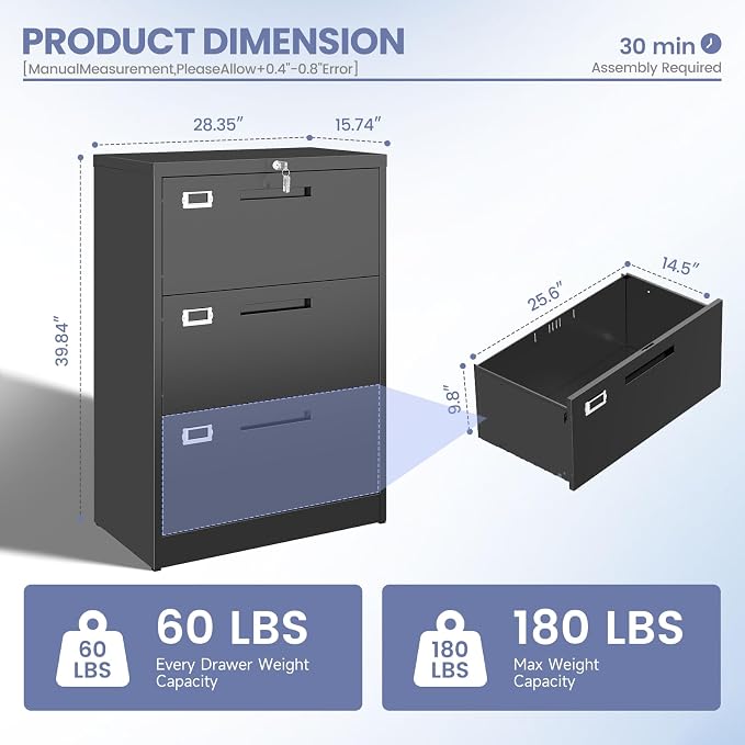 Metal Lateral 3 Drawer File Cabinet, Wide Filing Cabinet with Lock for Home Office Organization Hanging Files Letter/Legal/F4/A4 Size (Black, Assembly Required)