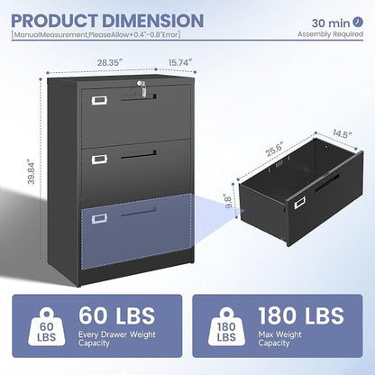 Metal Lateral 3 Drawer File Cabinet, Wide Filing Cabinet with Lock for Home Office Organization Hanging Files Letter/Legal/F4/A4 Size (Black, Assembly Required)