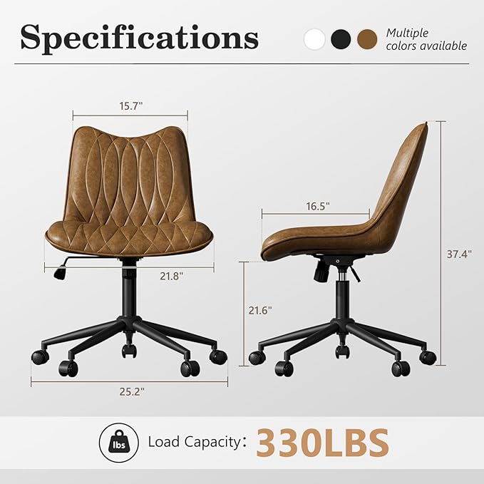 Armless Office Chair, Swivel Rolling Leather Desk Chair, Brown | Waterproof Upholstery, Padded Seat, 15° Relaxing Tilt, 330 LBS Capacity, for Bedroom Vanity and Computer Work