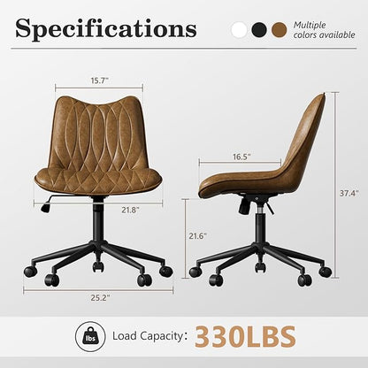 Armless Office Chair, Swivel Rolling Leather Desk Chair, Brown | Waterproof Upholstery, Padded Seat, 15° Relaxing Tilt, 330 LBS Capacity, for Bedroom Vanity and Computer Work