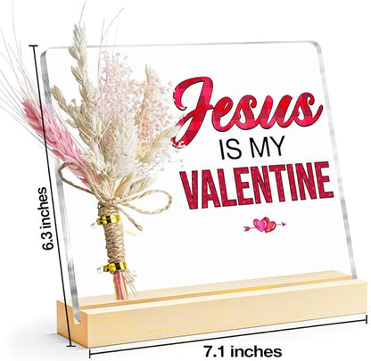 Valentines Gifts, Jesus Is My Valentine Decorative Sign, Bouquet Acrylic Sign With Wooden Stand for Office Desk Table Shelf