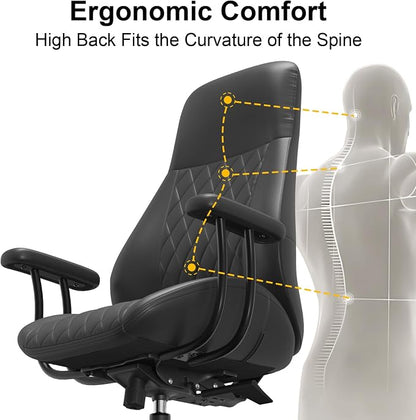 E-Ser Leather Desk Chair, Mid Century Modern Office Chair, Black | Lumbar Support, Ergonomic, 360° Swivel, Rubber Rolling Wheels, Adjustable Height, for Adults