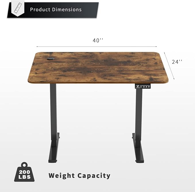 YESHOMY Height Adjustable Electric Standing Desk, 40 inch Computer Table, Home Office Workstation, Black Leg/Rustic Brown Top