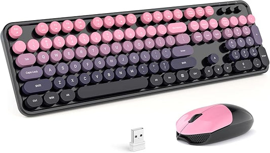 MOFII Wireless Keyboard and Mouse Combo, Retro Typewriter Keyboard with Colorful Round Keycaps, 2.4GHz USB Plug Play Connection for PC Laptop Windows XP/7/8/10 (Berry Pink)