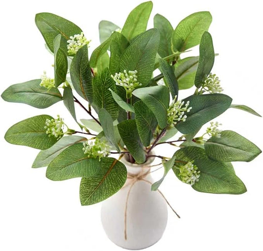 12 Inch Artificial Eucalyptus Plant in White Ceramic Vase Faux Greenery Arrangement with Buds Small Farmhouse Tabletop Decor for Bathroom Bedroom Kitchen Office