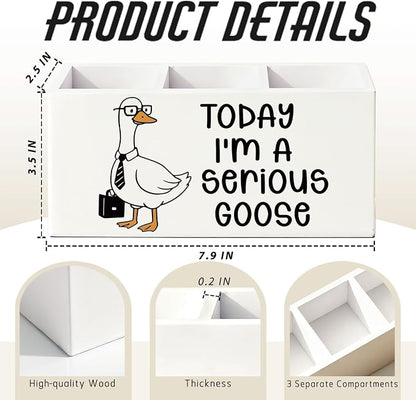 Funny Goose Pen Pencil Holder for Desk, Office Humor Gifts for Coworkers Employees Women Men, Today I'm a Serious Goose Wooden Box Sign Decorations for Home Office Workplace Desk Tabletop