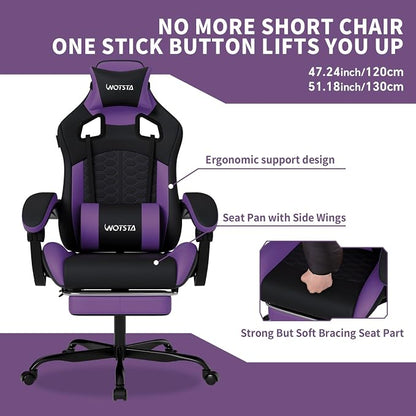 Gaming Chair with Massage,Ergonomic PC Gaming Chair with Footrest Comfortable Headrest and Lumbar Support,High Back Game Chair PVC Leather,300LBS (BlackPurple)