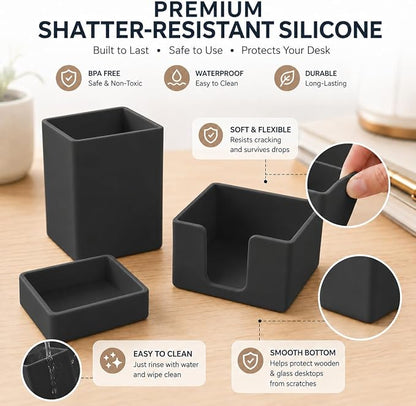 minimaliving Aesthetic Silicone Desk Organizer Set of 3,Modern Office Desk Accessories with Pen Holder,Paperclip Tray,Sticky Note Holder,Stylish Functional Office Desk Decor for Back-to-school(Black)