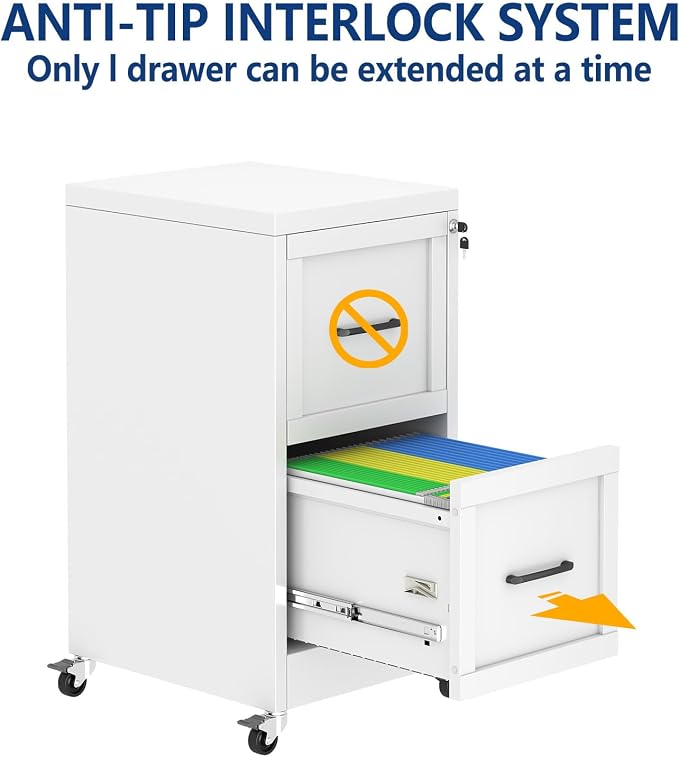 Ckzbx 2 Drawer File Cabinet with Lock, Narrow Vertical Filing Cabinet, Under Desk File Cabinets,White Metal File Cabinets for Home Office,Fit Letter/A4/Legal Size File (Wheel)