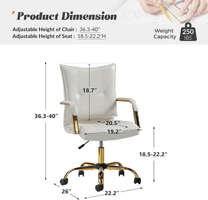 HULALA HOME Faux Leather Home Office Desk Chair, Adjustable Swivel Computer Chair with Golden Legs and Arms, Comfy Upholstered Task Chair, White