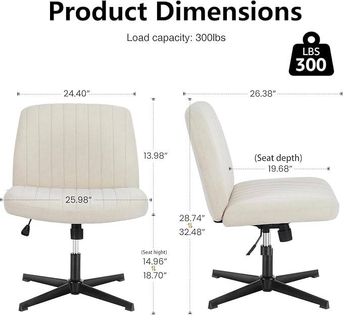 DUMOS Criss Cross Chair No Wheel Legged Office Wide Comfy Desk Vanity Chair, Armless Computer Task Seating PU Leather, Swivel Home Height Adjustable for Bedroom, Study, Beige Dual Base