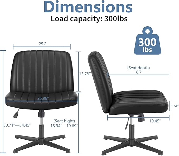 DUMOS Criss Cross Chair No Wheels, Wide Seat Cross Legged Office Desk Vanity Chair, Faux Leather Armless Height Adjustable Swivel Task Computer Chairs for Home, Study, Black PU
