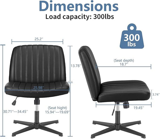 DUMOS Criss Cross Chair No Wheels, Wide Seat Cross Legged Office Desk Vanity Chair, Faux Leather Armless Height Adjustable Swivel Task Computer Chairs for Home, Study, Black PU