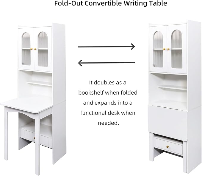 KEIKI Fold-Out Home Office Desks Writing Table with Glass Doors, Drawers, Bookshelf & Storage Shelves, Modern Wooden Convertible Workstation for Work, Study
