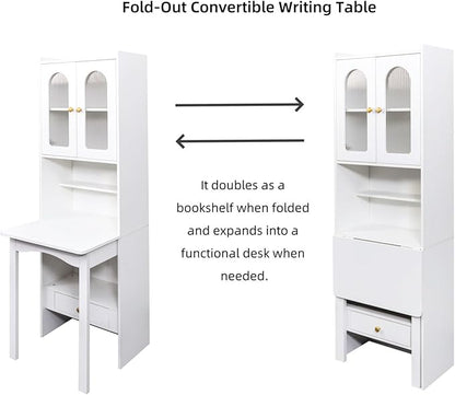 KEIKI Fold-Out Home Office Desks Writing Table with Glass Doors, Drawers, Bookshelf & Storage Shelves, Modern Wooden Convertible Workstation for Work, Study