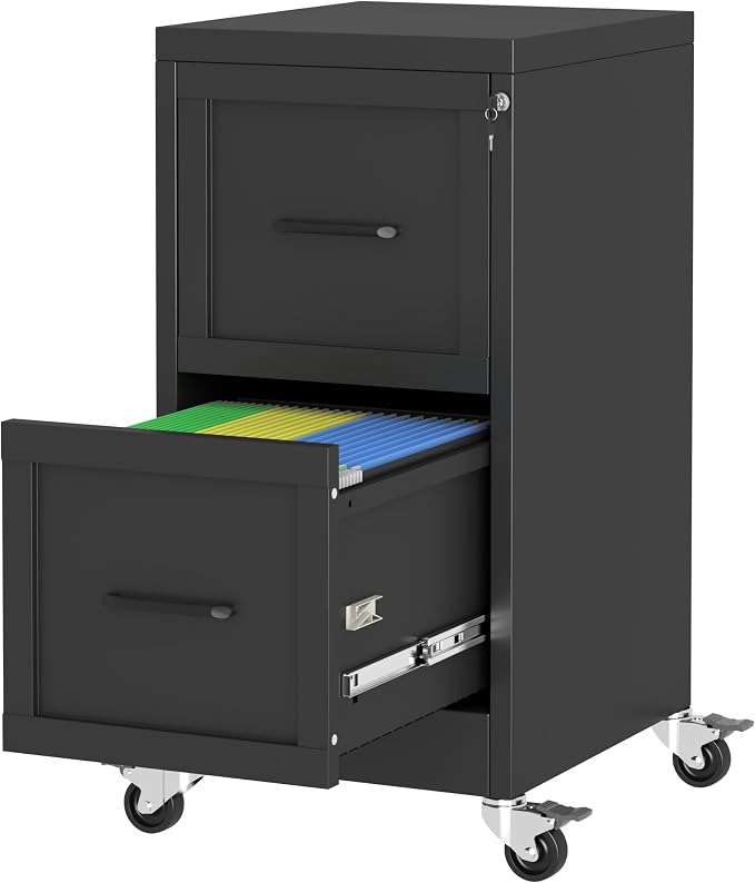 Small Metal 2-Drawer File Cabinet, Under Desk Office Cabinet, Black | Rolling, Locking, Adjustable Hanging Rail, Fit A4, FC, Letter, Hanging File Folders for Home Office Storage Organization, 1PS