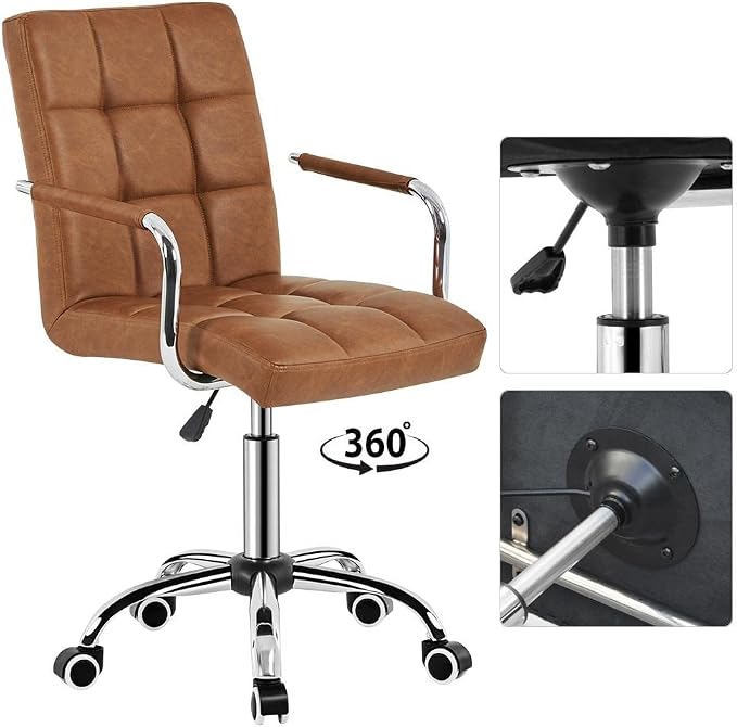 Topeakmart Modern Faux Leather Swivel Office Chair Height Adjustable Comfortable Computer Chair w/Wheels, Retro Brown