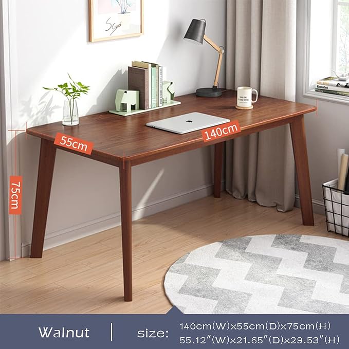 IOTXY Simple Wooden Writing Desk - Modern Minimalist Style PC Laptop Computer Workbench with Solid Wood Legs, 55" W Home Office Work Table for TV Stand Music Video Live Broadcast Workstation, Walnut