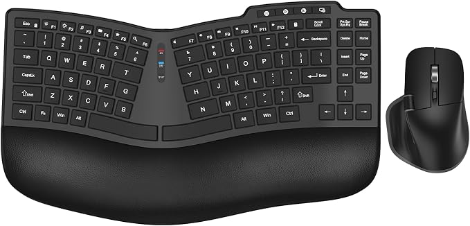 Ergonomic Wireless Keyboard Mouse, Wave Key Bluetooth/2.4G Split Design Ergo Keyboard Mouse Combo with Cushioned Palm Rest, Multi-Device, Rechargeable, for Multi-OS, Windows/Mac/Android