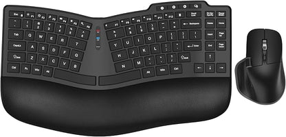 Ergonomic Wireless Keyboard Mouse, Wave Key Bluetooth/2.4G Split Design Ergo Keyboard Mouse Combo with Cushioned Palm Rest, Multi-Device, Rechargeable, for Multi-OS, Windows/Mac/Android