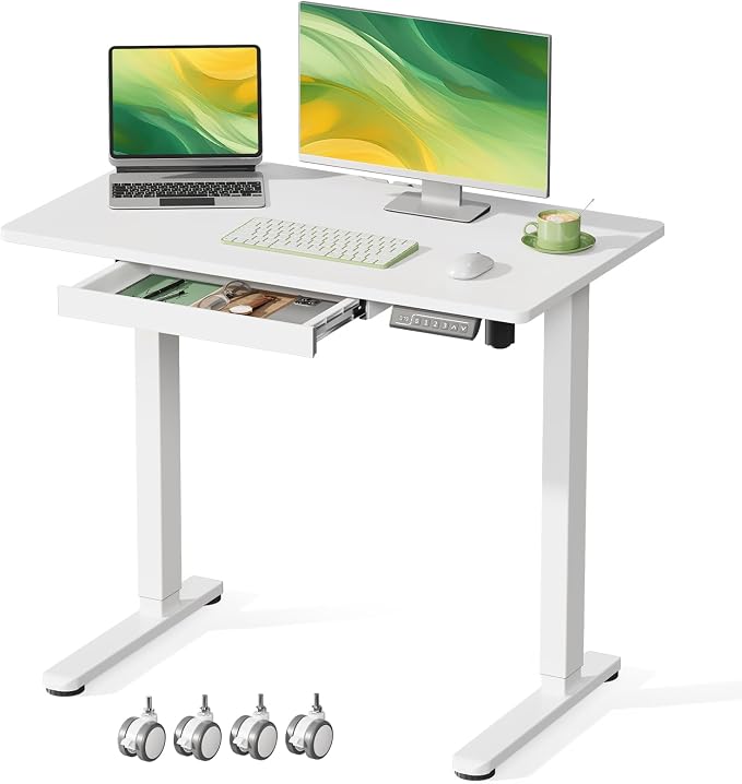 Gibbon Mounts 35inch Standing Desk with Drawer, Height Adjustable on Wheels | 18mm One-piece Desktop with Cable Clip, Electric Power Lift, 4 Lockable Casters, White Rising Workstation for Home & Office