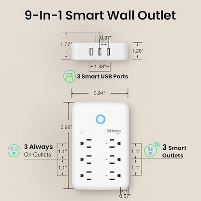 GHome Smart Plug Outlet Extender, USB Wall Charger with 3 Individual Smart Outlets and 3 Smart USB Ports, Works with Alexa Google Home, Surge Protector Plug Extender for APP Control,15A/1800W