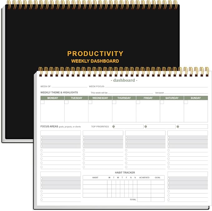 Weekly Productivity Dashboard - 8.5" x 11" Dashboard Desk Notepad Has 6 Focus Areas to List Tasks for Goals, Projects, Clients, Academic or Meal-Organize Your Daily Work Efficiently, 54 Weeks, Black