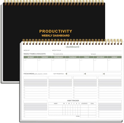 Weekly Productivity Dashboard - 8.5" x 11" Dashboard Desk Notepad Has 6 Focus Areas to List Tasks for Goals, Projects, Clients, Academic or Meal-Organize Your Daily Work Efficiently, 54 Weeks, Black