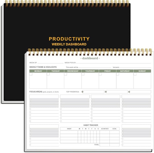 Weekly Productivity Dashboard - 8.5" x 11" Dashboard Desk Notepad Has 6 Focus Areas to List Tasks for Goals, Projects, Clients, Academic or Meal-Organize Your Daily Work Efficiently, 54 Weeks, Black