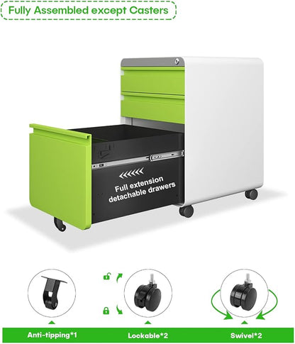 Dripex 3 Drawer Green File Cabinet, Mobile Under Desk Storage File Cabinet with Lock on Wheels, Letter/Legal Size, Fully Assembled, Small Short Vertical Metal Rolling Filing Cabinets for Home Office