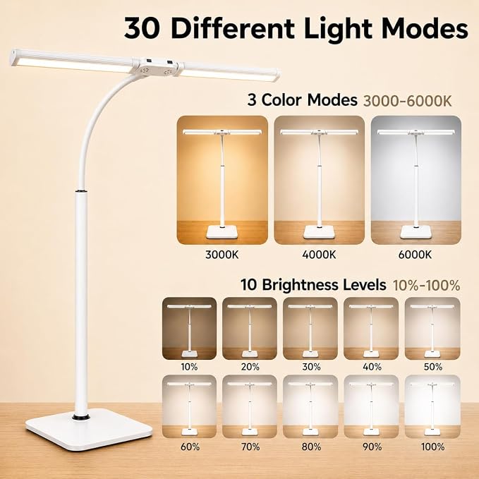 24" Double Head LED Desk Lamp, 15W Wide Architect Desk Light with Base for Home Office, Smart Memory, 360° Flexible Gooseneck Task Lamp, 3 Colors 10 Brightness Tall Monitor Light,White