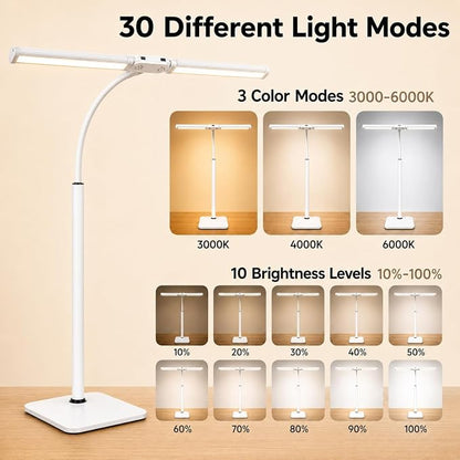 24" Double Head LED Desk Lamp, 15W Wide Architect Desk Light with Base for Home Office, Smart Memory, 360° Flexible Gooseneck Task Lamp, 3 Colors 10 Brightness Tall Monitor Light,White