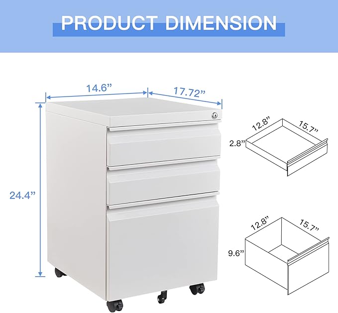 Yizosh 3 Drawer Mobile File Cabinet with Lock, White Under Desk Rolling Filing Cabinet, Metal Locking File Cabinet on Wheels for Legal/Letter/A4 File (Full Assemble)