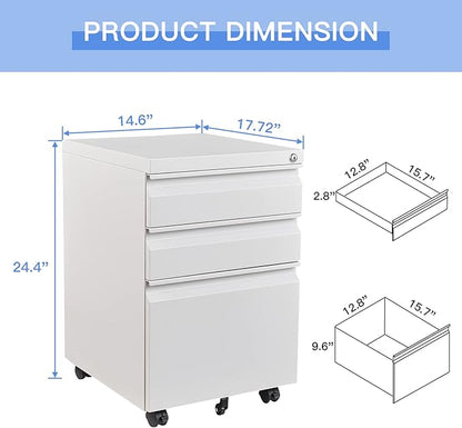 Yizosh 3 Drawer Mobile File Cabinet with Lock, White Under Desk Rolling Filing Cabinet, Metal Locking File Cabinet on Wheels for Legal/Letter/A4 File (Full Assemble)