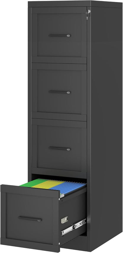Small Metal 4-Drawer File Cabinet, Under-Desk Filing Cabinet, Black | Locking, Adjustable Hanging Rail, Fit A4, FC, Letter, Hanging File Folders for Home Office Storage Organization, 2PS