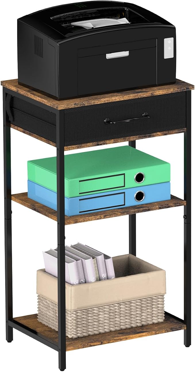 Printer Stand with Fabric Drawer, 3-Tier Industrial Sturdy Under Desk Printer Cart with Open Storage, Narrow Printer Table for Home Office, Fits Printer Scanner Fax Machine, Rustic Brown