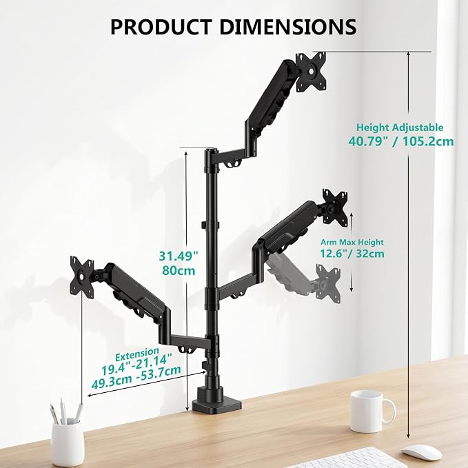 WALI Triple Monitor Mount for up to 49 inch Ultrawides on Top Bracket and 34 inch Screens on Side Brackets, Tall Triple Monitor Stand for Desk, Heavy Duty Monitor Arm up to 33 lbs (GSDM003XLN), Black