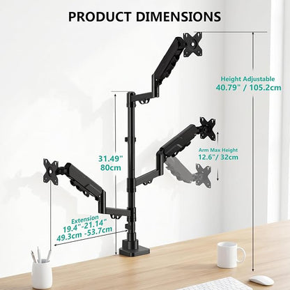 WALI Triple Monitor Mount for up to 49 inch Ultrawides on Top Bracket and 34 inch Screens on Side Brackets, Tall Triple Monitor Stand for Desk, Heavy Duty Monitor Arm up to 33 lbs (GSDM003XLN), Black